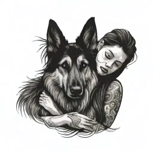 Beautiful Long Eye-lashed Long Haired Mexican Girl Hugging German Shepard With Eyes Closed And Sad