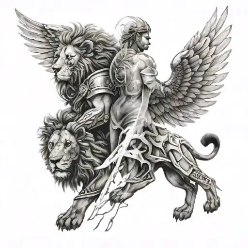 Double Exposure Lion And Warrior Angel