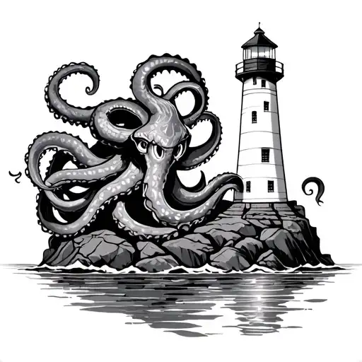 Design Me A Tattoo With A Lighthouse At The Rocks With A Kraken Wrapped Around The Lighthouse