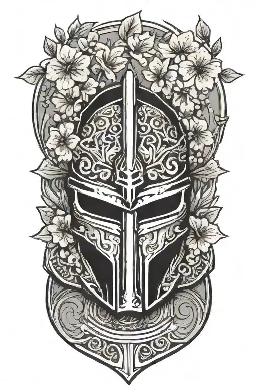 Just Spartan Helmet With Kaizen Symbol And Cherry Blossom Behind It