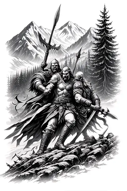 Battle Between Norse Gods And Modern Military Against The Backdrop Of Forest And Mountains