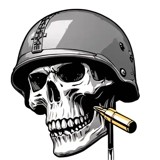 Skull With Modern Army Helmet Facing Sideways With Bullet Coming Towards It