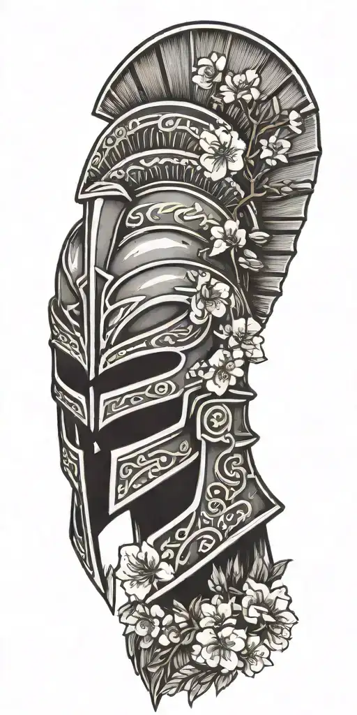 Spartan Helmet With Japanese Kaizen Symbol And Cherry Blossom Behind It