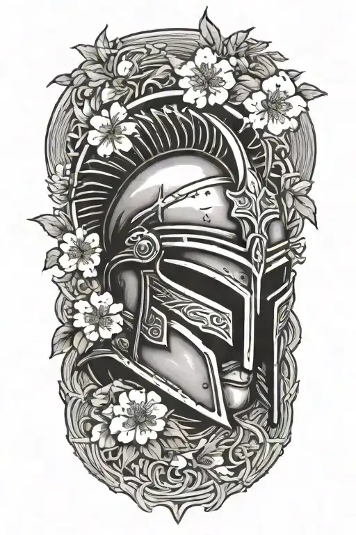 Spartan Helmet With Japanese Kaizen Symbol And Cherry Blossom Behind It