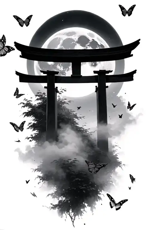Full Moon Behind A Torii Door And Butterflies Flying Through A Mist
