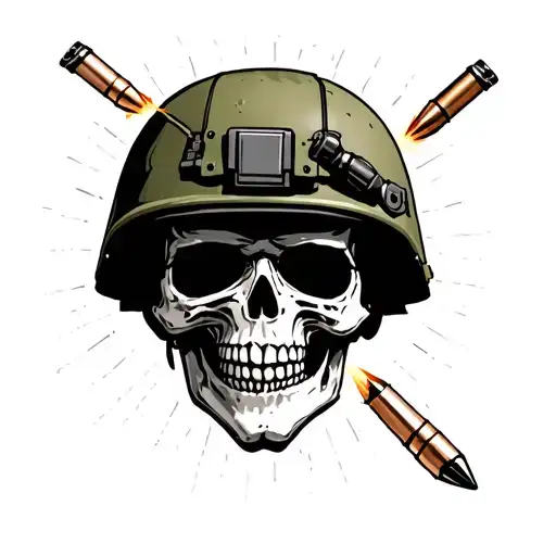 Skull With Modern Army Helmet Facing Sideways With Bullet Shooting The Face