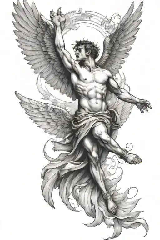 Icarus Falling Reaching Up With One Arm Wings Falling Apart Back View