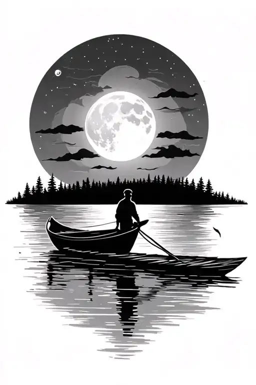 Moonlight On The River With The Silhoutte Of A Man On A Boat In The Midground