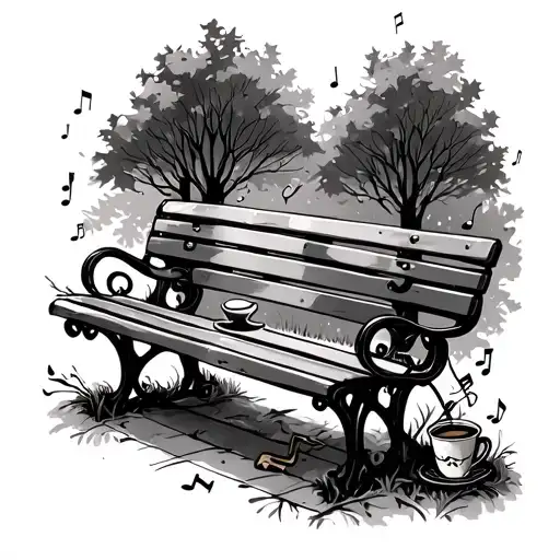 A Sketch Tattoo Of A Park Bench With A Coffee Cup And Musical Instruments Scattered Around It