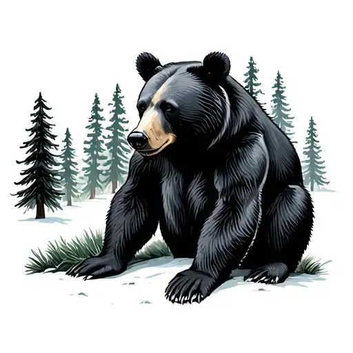 Black Bear Sitting With Pine Trees