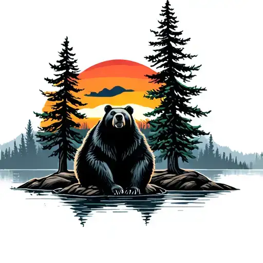 Black Bear Sitting Up With Pine Trees Colors Sunset Over Lake