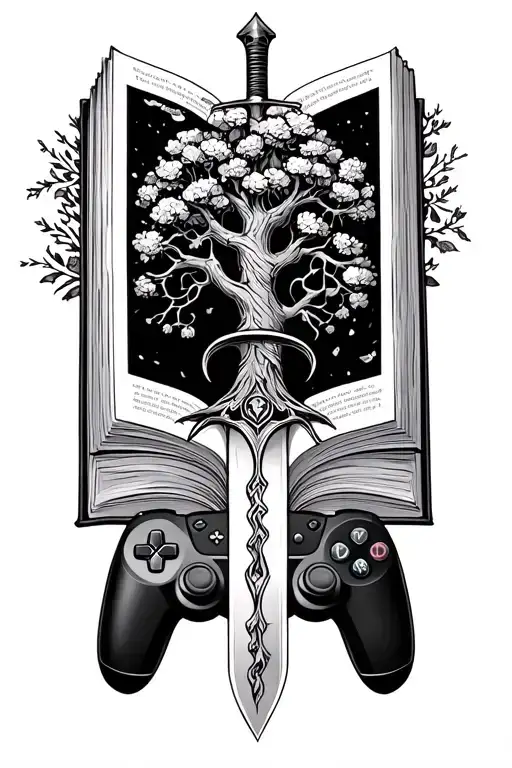 Tree Of Life Coming Out Of A Book With A Dagger Intertwined And A Gaming Controller Somewhere