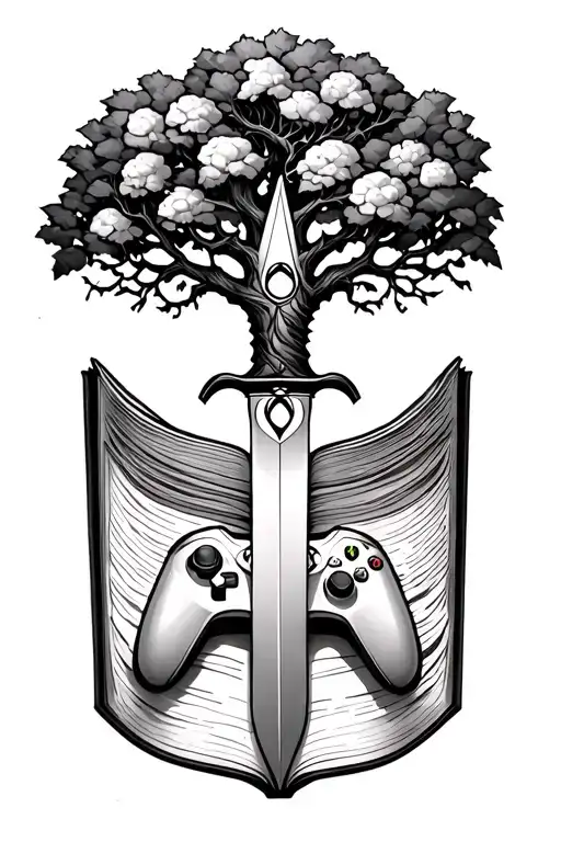 Tree Of Life Coming Out Of A Book With A Blank Dagger Intertwined And A Xbox Controller Somewhere