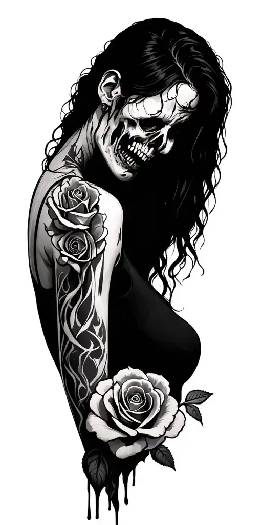 Zombie Woman Side Roses Intertwined Lighter Shading