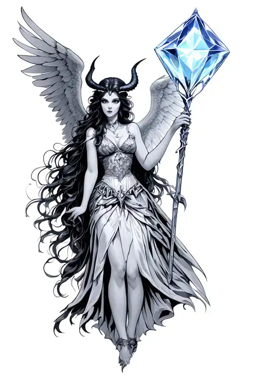 Demon Princess With Angle Wings Holding A Enchanted Staff That Has A Glowing Diamond