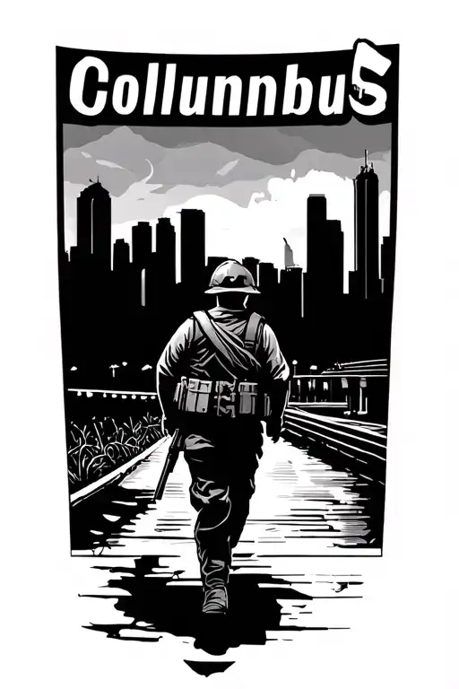 Columbus Skyline With Soldier Walking Home From War