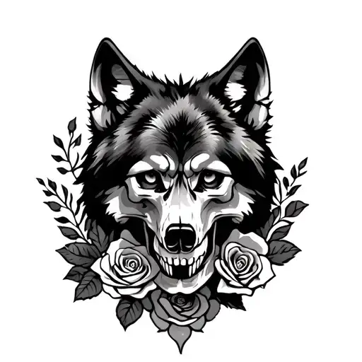 Wolf And Skull And Roses