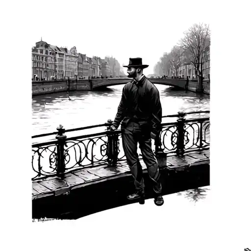 Lonly Man On Bridge By Canal