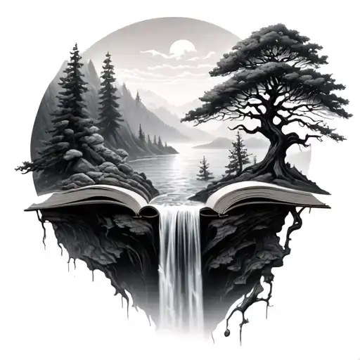 Trees Waterfall And Books In Shape Of Seratonin Chemistry Nature