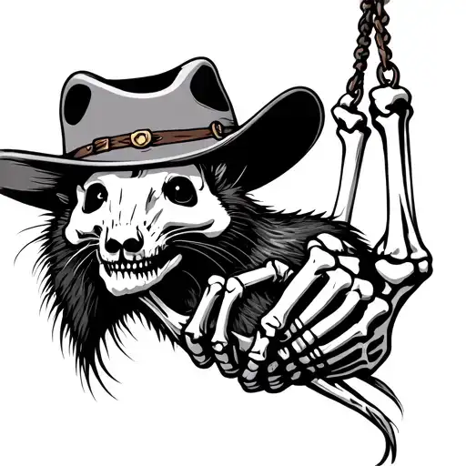 Skeleton Hand Holding A Possum Hanging Wearing Civil War Type Cowboy Hat