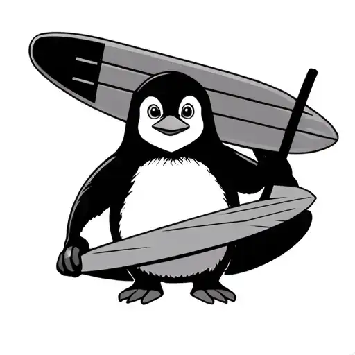 Cody The Penguin From Surfs Up Holding Surfboard Facing Me