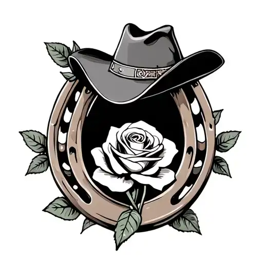 Hearr Shaped Horse Shoe With Rose In Middle And Cowboy Hat On Top