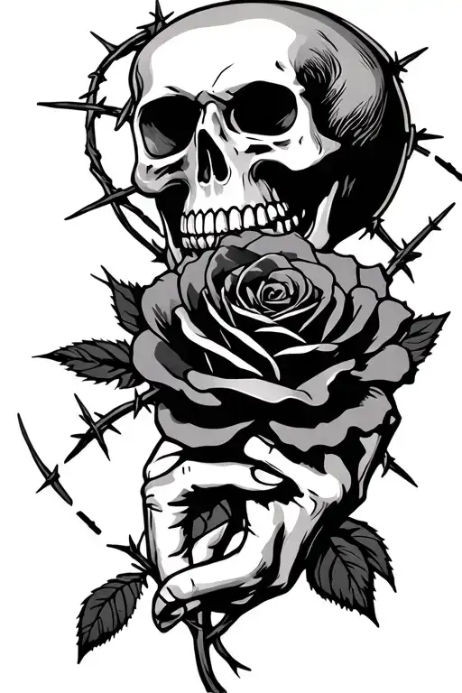 Skull Hand Holding A Rose With Barbed Wire Accents