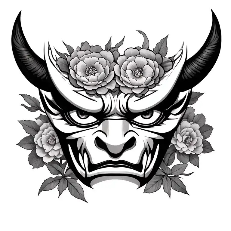 A Front Facing Oni Mask With Floral Eyes With Peonies In The Background