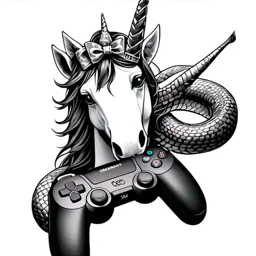 Unicorn With A Hairbow And A King Cobra Wrapped Around A Gaming Controller