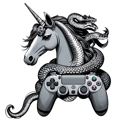 Unicorn With A Hairbow And A King Cobra Wrapped Around A Gaming Controller