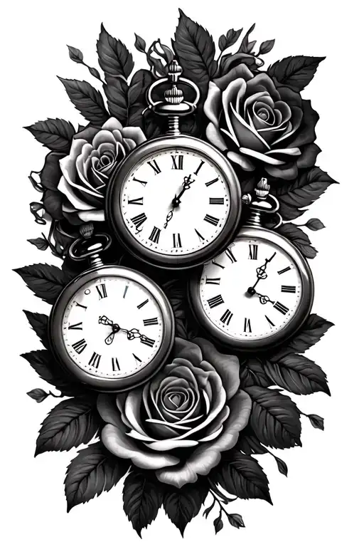 3 Pocket Watches Surrounded By Rose Flowers Thigh Tattoo For Female