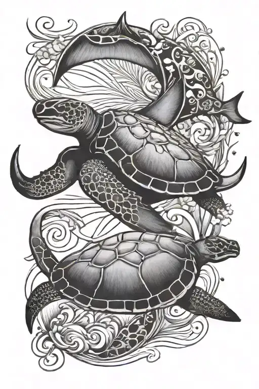 Hawaiian Tattoo With Manta Ray And Turtle Swimming