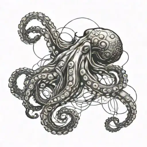 A Black-grey Tattoo Of A Wild Octopus Tangled In Network Cables