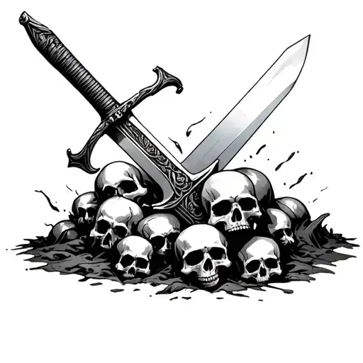 Sword Stuck In The Ground Within Pile Of Skulls
