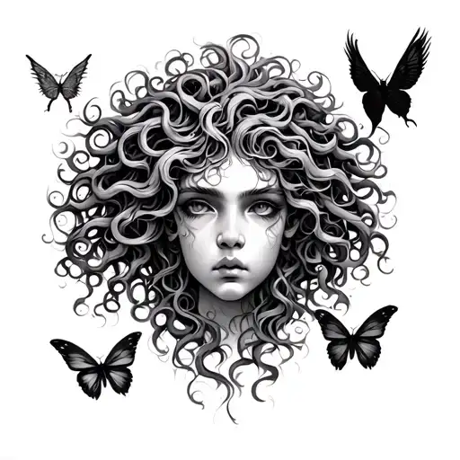 Medusa Head With A Phoenix And A Butterfly