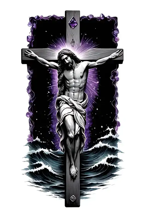 Jesus Cross Wrapped With A Ocean Background With Amethyst Undertone