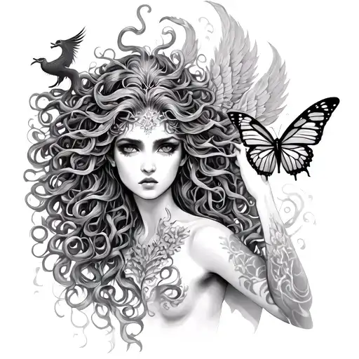 Medusa With A Phoenix And A Butterfly On Her Hand