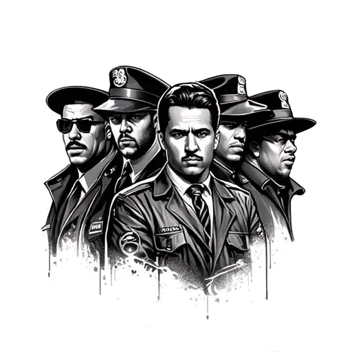 A Tattoo Featuring A Blend Of Gangster Movie Characters And Security-related Imagery