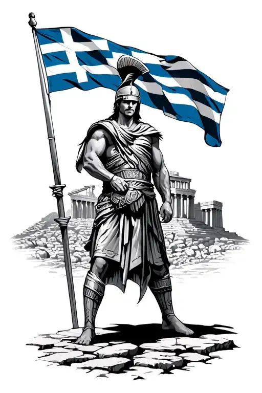 Spartan In Front Of Acropolis With Greek Flag