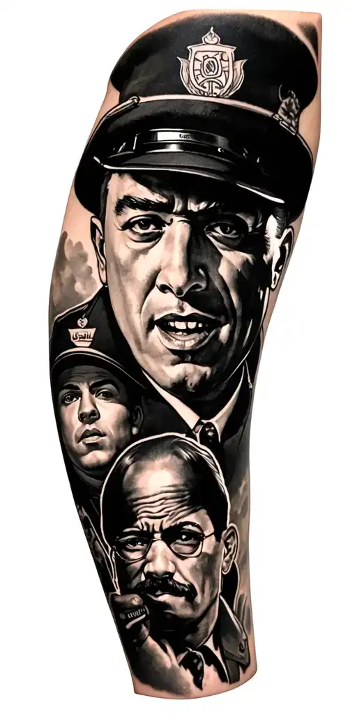 A Tattoo Featuring A Blend Of Gangster Movie Characters And Security-related Imagery