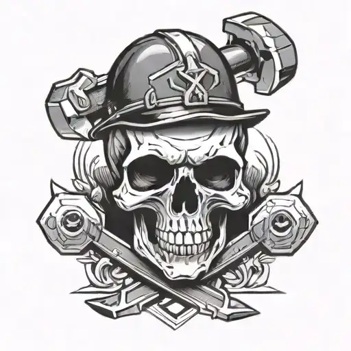 Skull With Hammer And Fixed Wrench Crossed Together