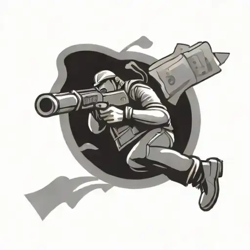 A Black And Grey Design Of A Karcher Worker Holding A Gun With Money Flying Out Of The Barrel