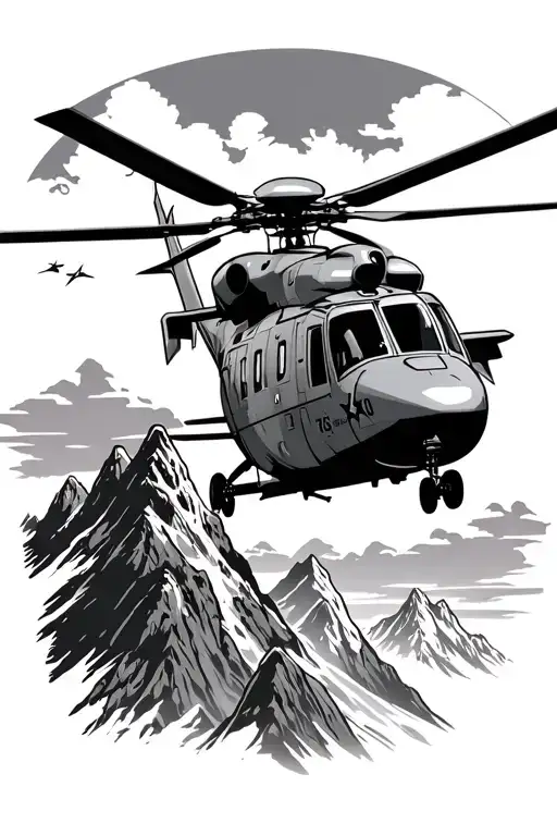 Top Gun Helicopter Flying Over A Mountain With A Militar In De Back