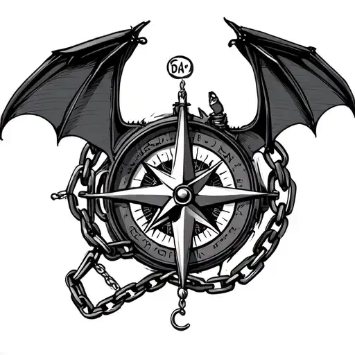 Bat Surrounden By Motorcacle Chain And A Compass Surrounded