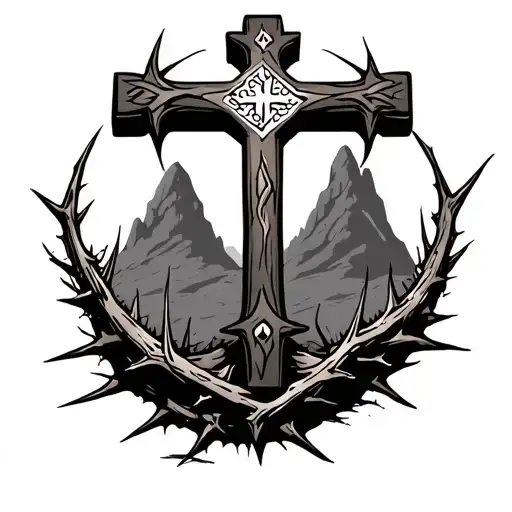 Cross And Thorns On A Hill Top View