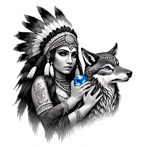 A Female Red Indian With A Wolf And An Owl Clutching A Beryl Stone
