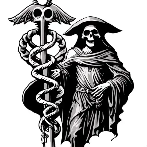 Rod Of Asclepius With Grim Reaper Standing