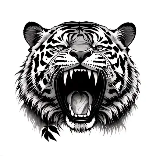 Tiger Mouth Open With Jungle In Its Mouth