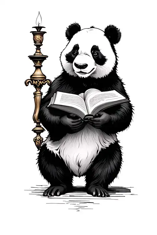 A Panda Who Eats A Book And Holds In His Other Paw Outside The Thigh A Baroque Candlestick