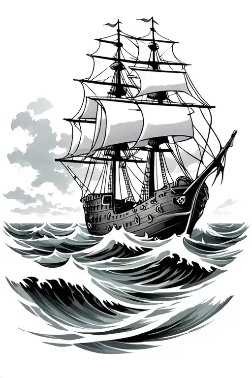 A Pirate Ship That Sails In The Waves Flowing Hair